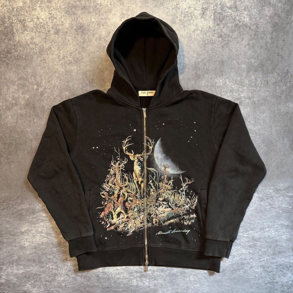 Almost Someday Hoodie Mens Small Black Deer Moon Graphic Full Zip Up Streetwear